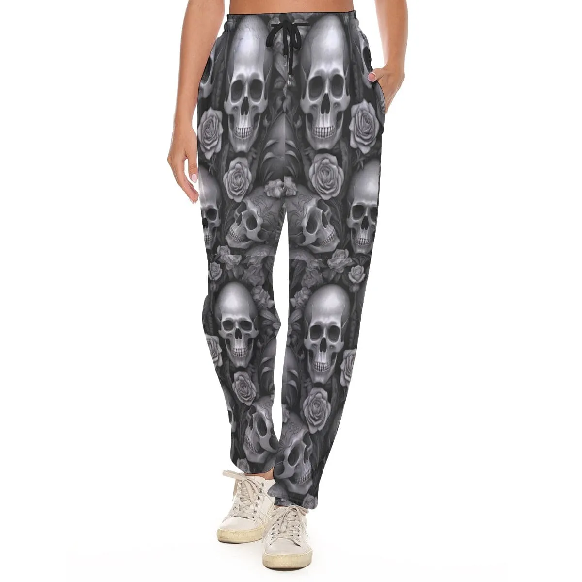 Add A Touch of Edgy And Feminine Style With Our Gray Skulls And Flowers Pants For Women