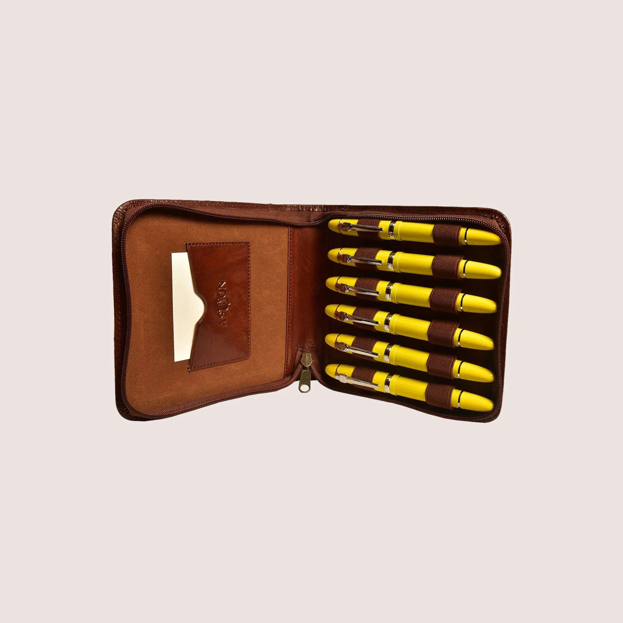 Aston Leather 6 Pen Case - Cognac