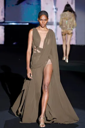 Floor-Length Dress with Deep V-Neckline and High Leg Slit