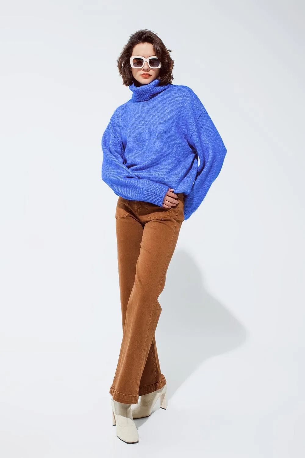 Light Blue Fluffy Sweater With Trutleneck
