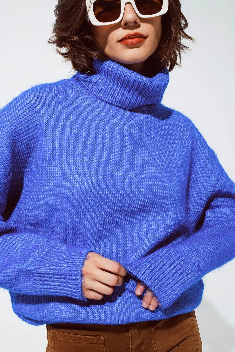 Light Blue Fluffy Sweater With Trutleneck