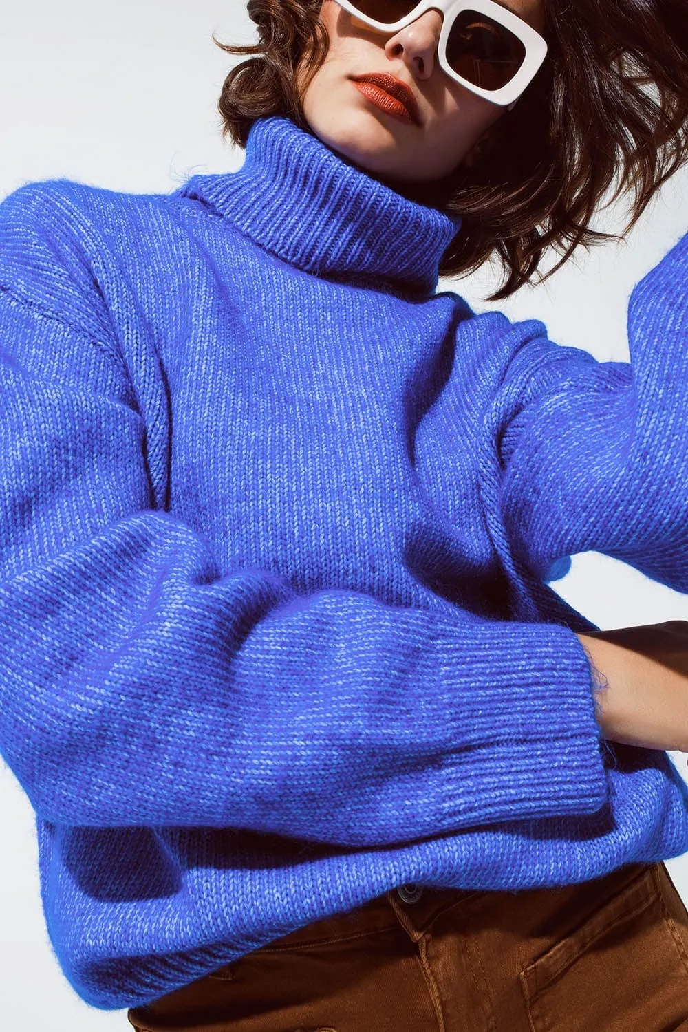 Light Blue Fluffy Sweater With Trutleneck
