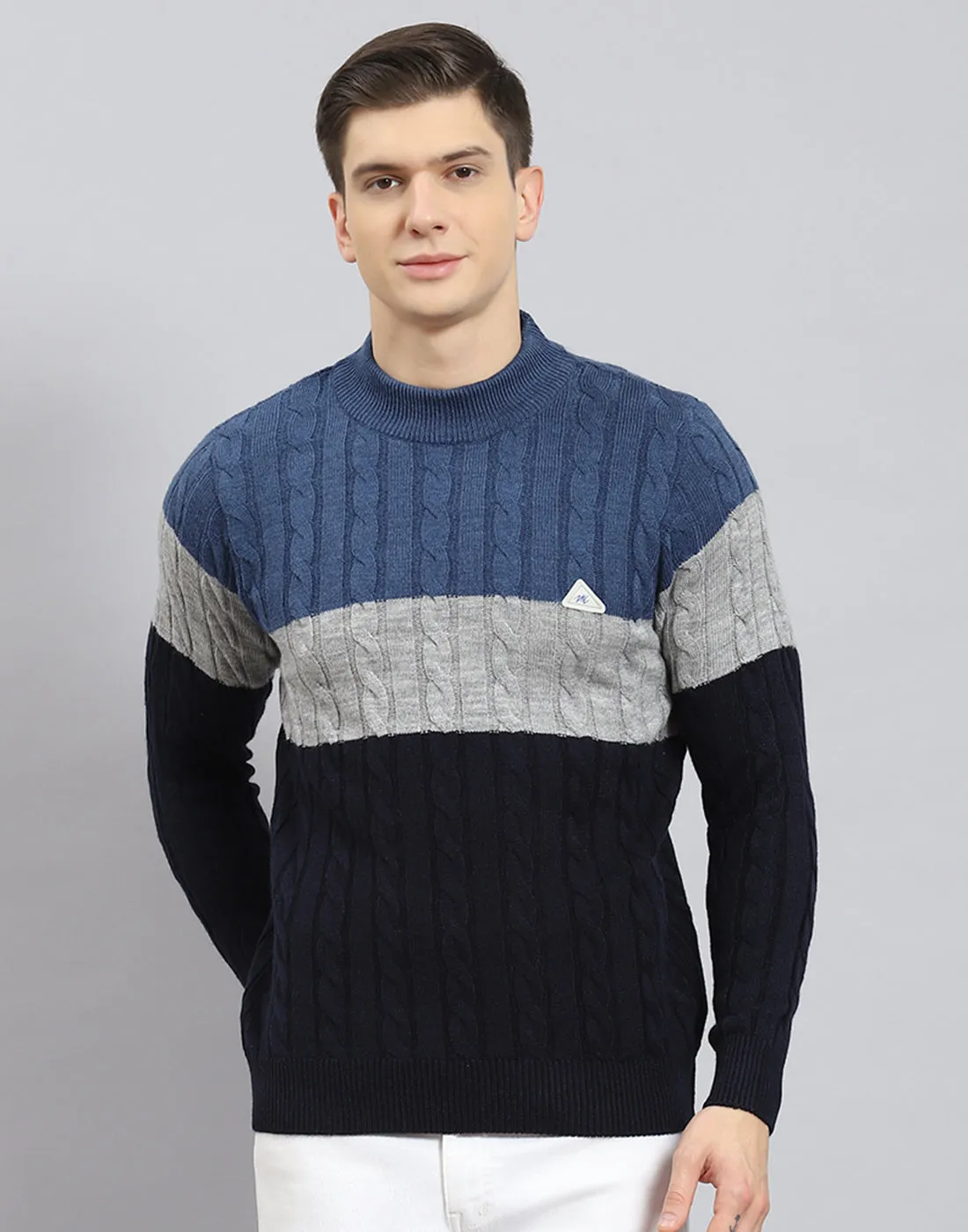 Men Navy Blue Self Design T Neck Full Sleeve Sweater