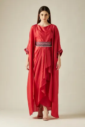Scarlet Red Drape Dress & Cape Set