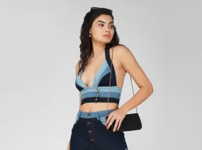 SLAY. Women's 3 Way Acid Wash Colorblock Denim Bikini Bralette(Stretch Fabric)