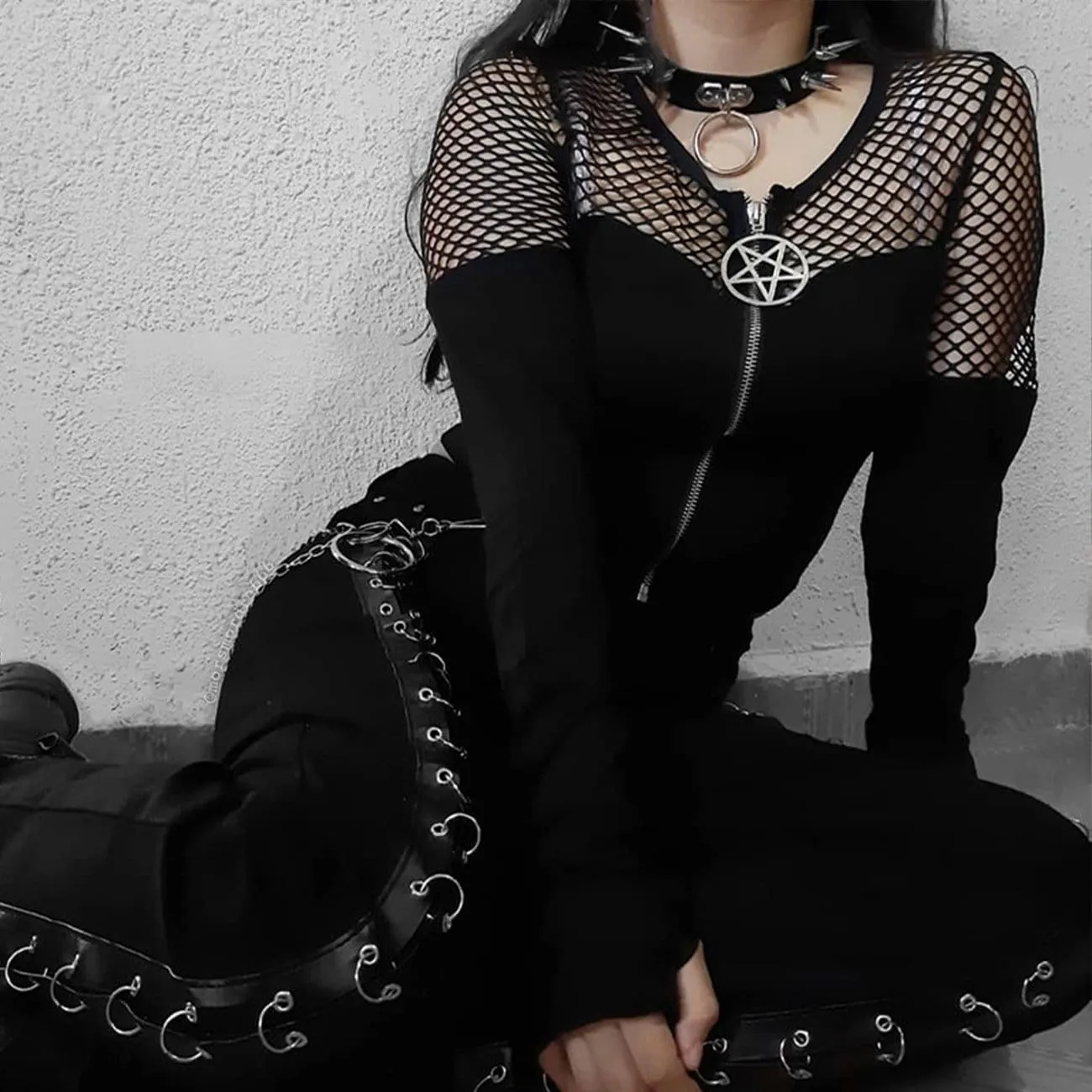 WLS Gothic Stitching Zipper Cardigan Long Sleeve Tee